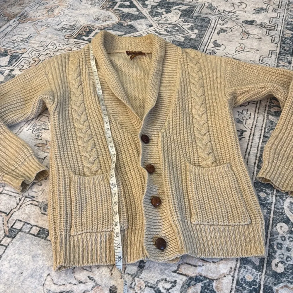 Vintage wool Tan Cable Knit Cardigan with leather buttons by preferred stock Size M - Image 2