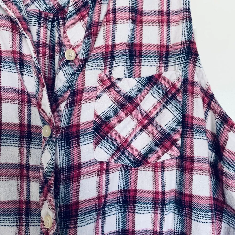 Forever 21 Red, Navy & White Plaid Flannel Button-Down Tunic Tank Shirt | Size L - Image 7