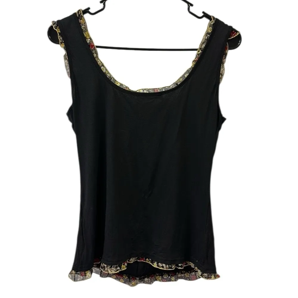 Brivido Made in Italy Black Lace Up Embellished Floral Ruffle Tank Top Large - Image 8