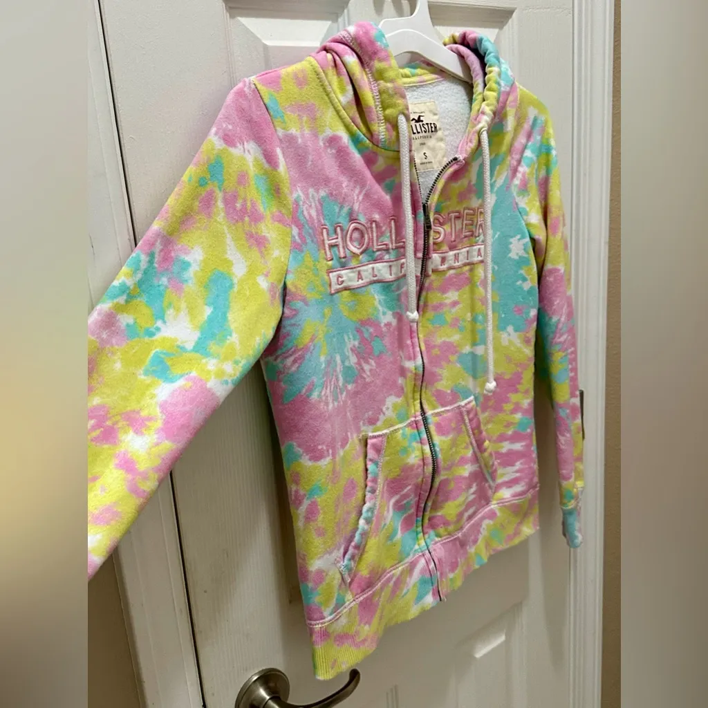 HOLLISTER Co. tie-dye full zip-up hoodie jacket size Small pink yellow - Image 10