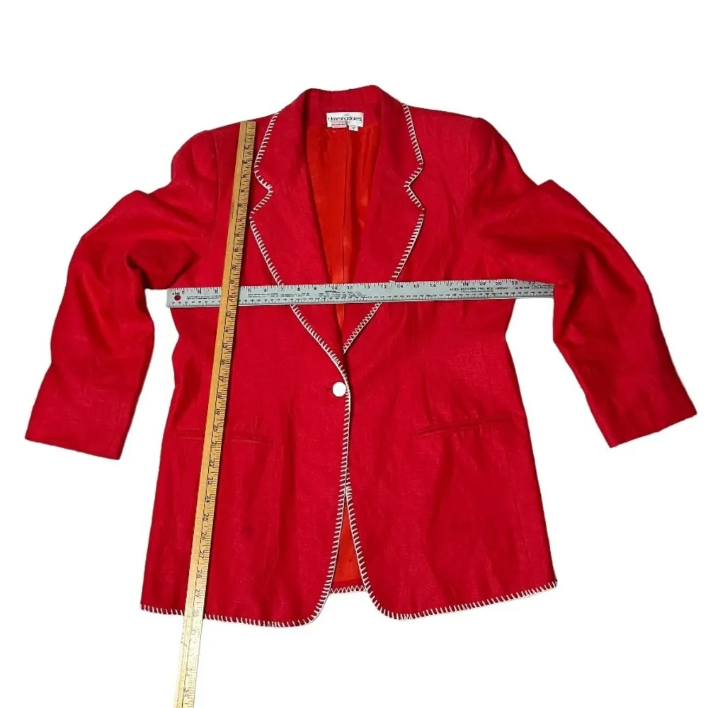 BLOOMINGDALES Red Linen Blazer White Edge Stitching Fully Lined Size 12 VINTAGE - Image 8