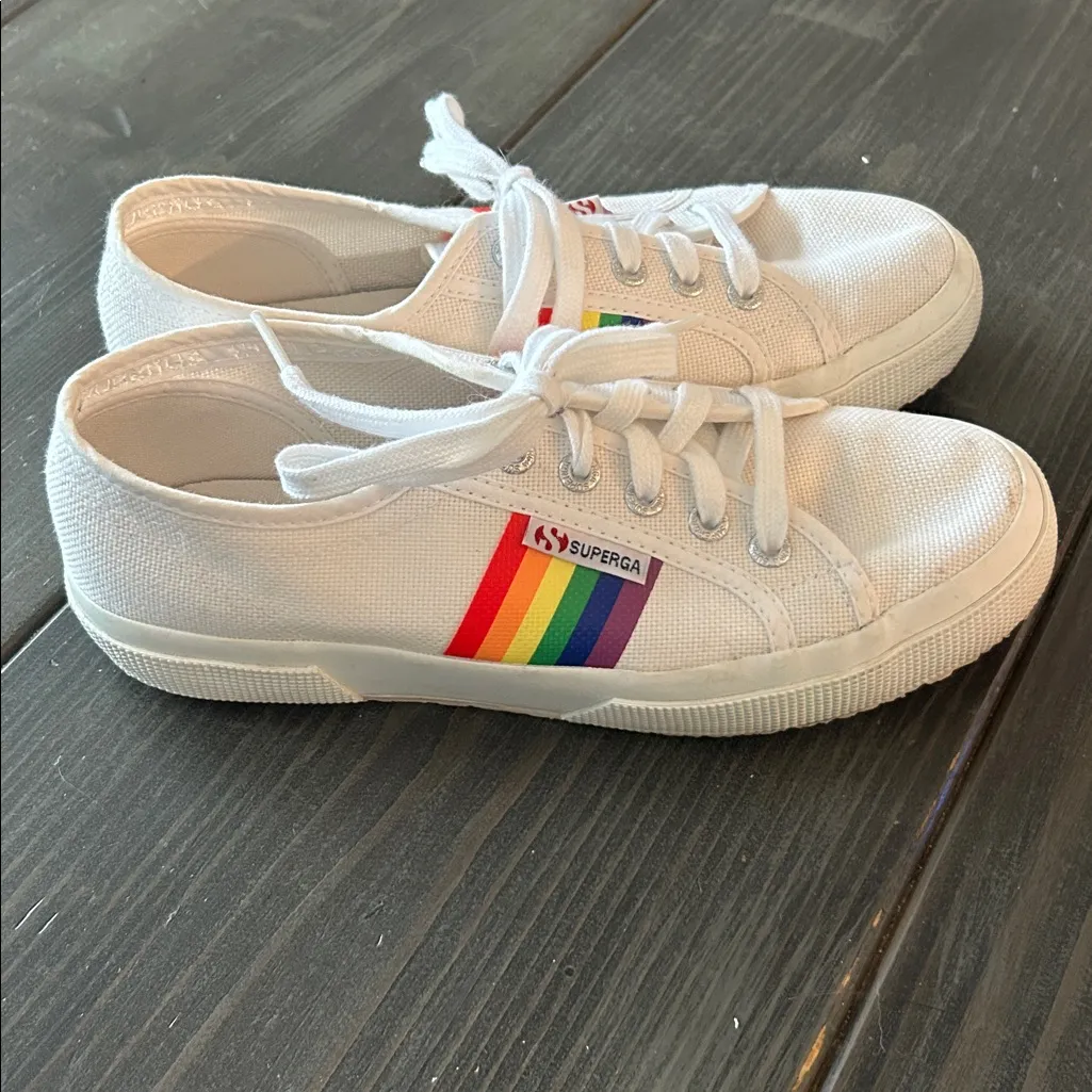 Superga White Canvas Sneakers with Rainbow Detail size 6 GUC - Image 5