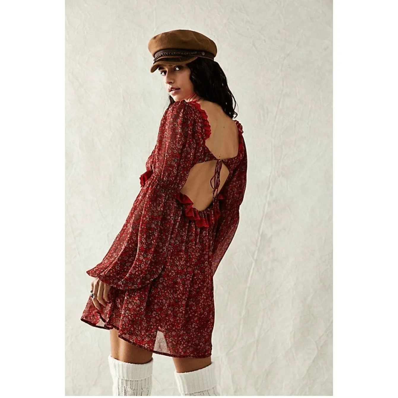 Free People Pennie Printed Babydoll Lace Ruffles Mini Dress S Cherry combo size - Image 2