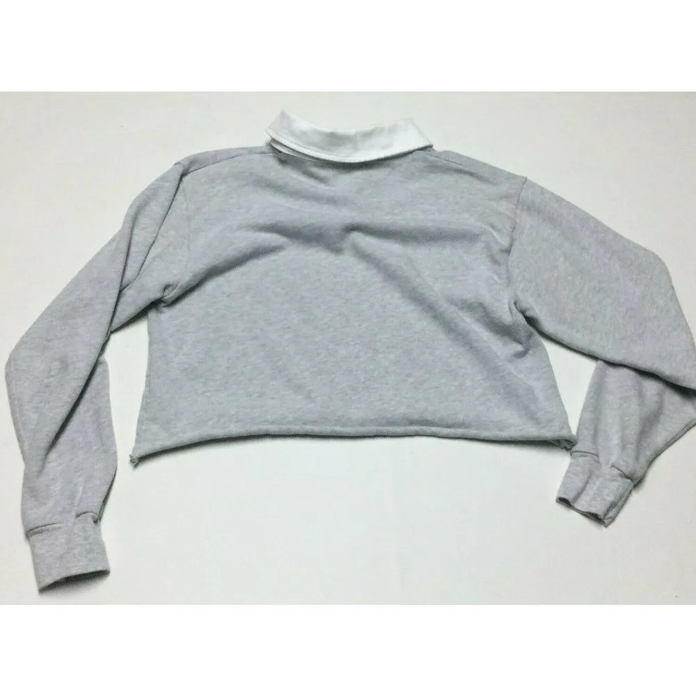 Brandy Melville Womens Cropped Long Sleeve Collared Shirt One Size Gray Top - Image 2
