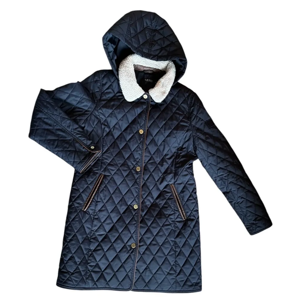 Ralph Lauren Quilted Litchfield Loden Hoodie Jacket Coat Black Label Sherpa Sz L - Image 2