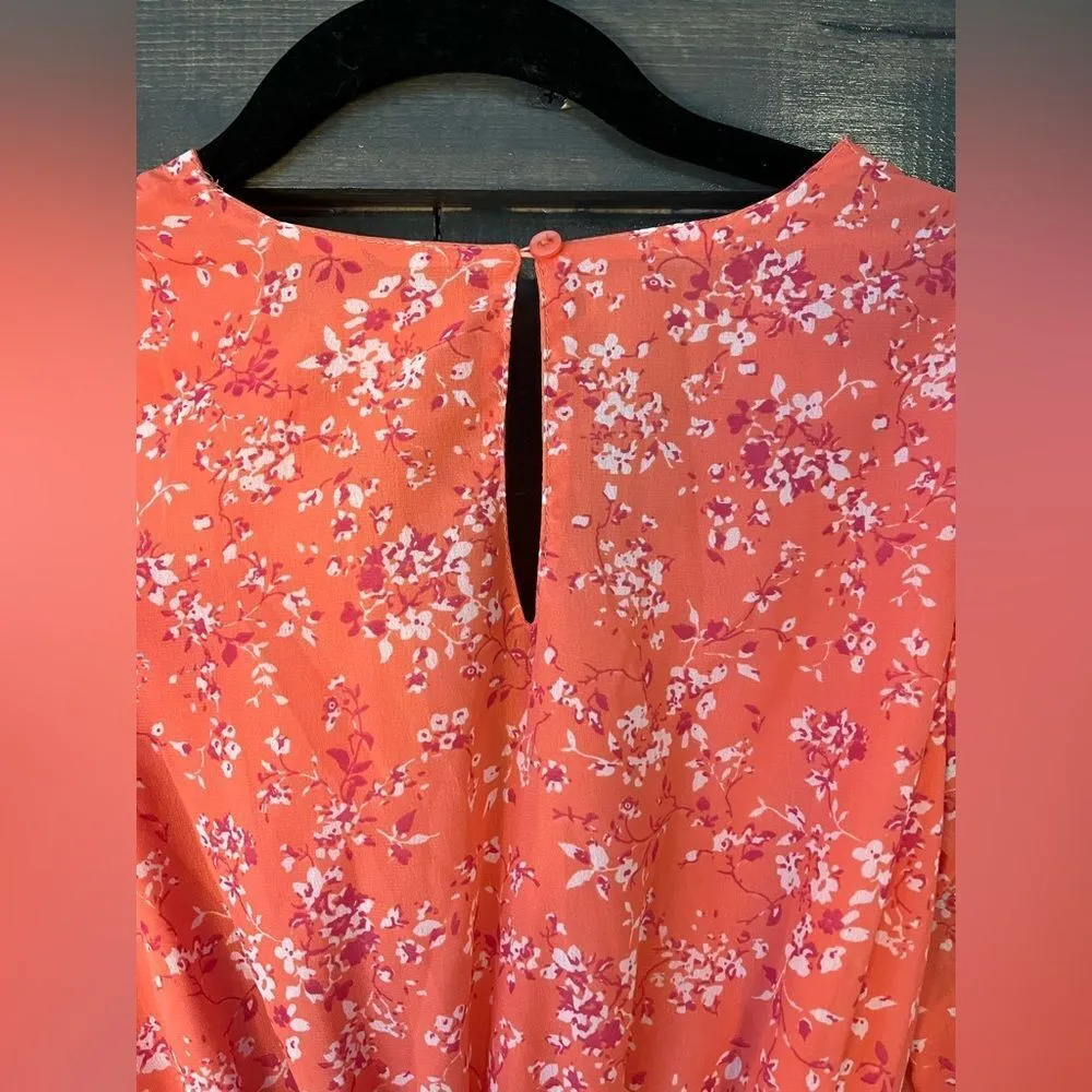 Coral Floral Long Sleeve Wrap Dress‎ with Ruffle Hem Romantic Spring Style E27 - Image 2