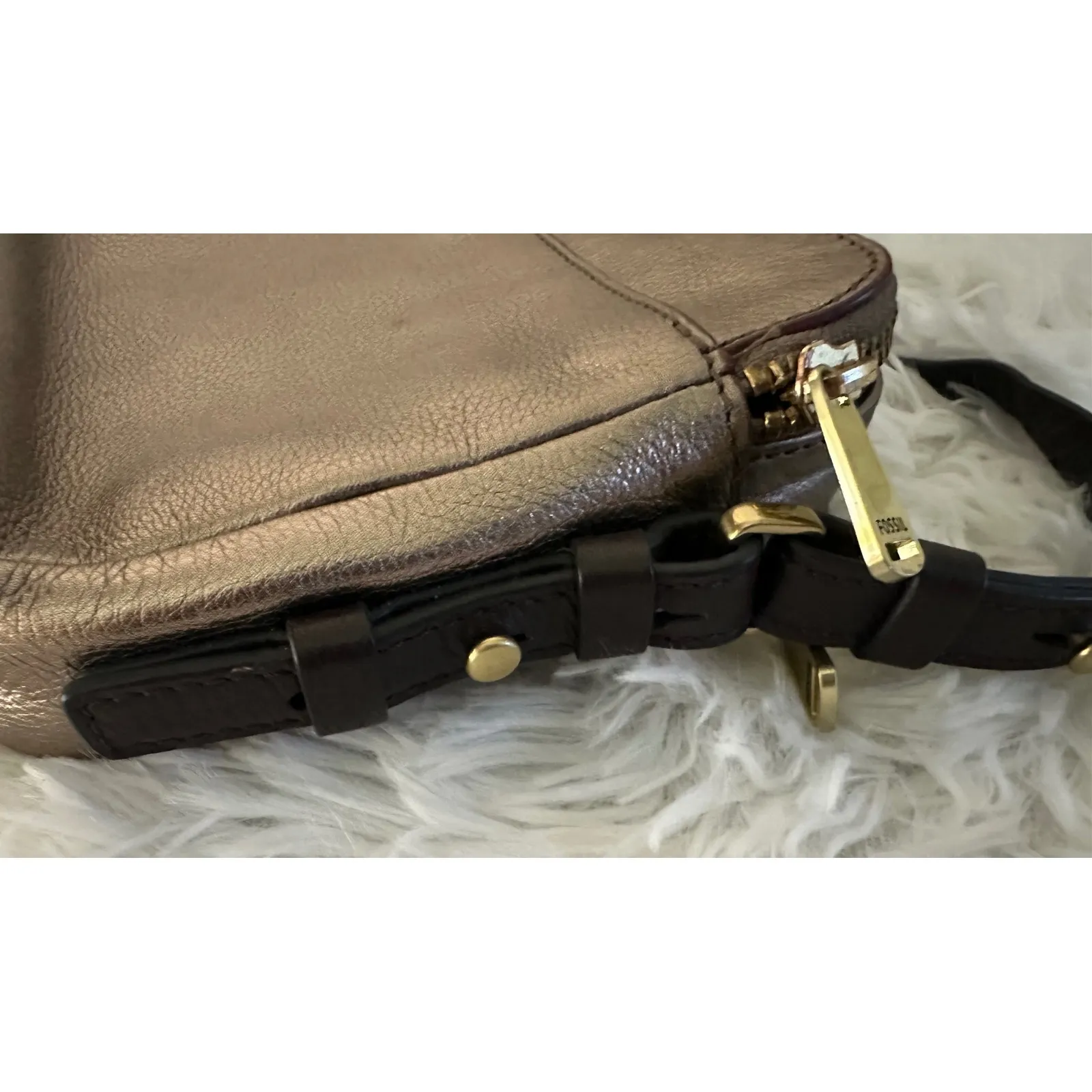 Fossil Piper Toaster leather crossbody bag in‎ a metallic taupe/bronze - Image 10