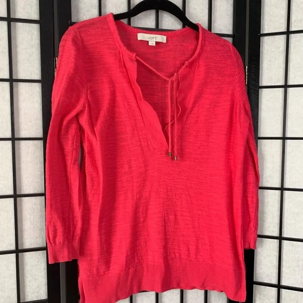 Ann Taylor LOFT Knitted Tie V-Neck Quarter Sleeve 3/4 Blouse Top Pink Small - Image 3