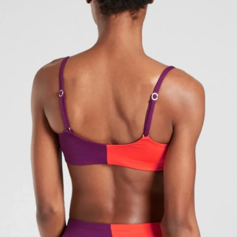 [Athleta] Orange Purple Asymmetrical Colorblock Scoop Neck Bikini Top Size XL - Image 2