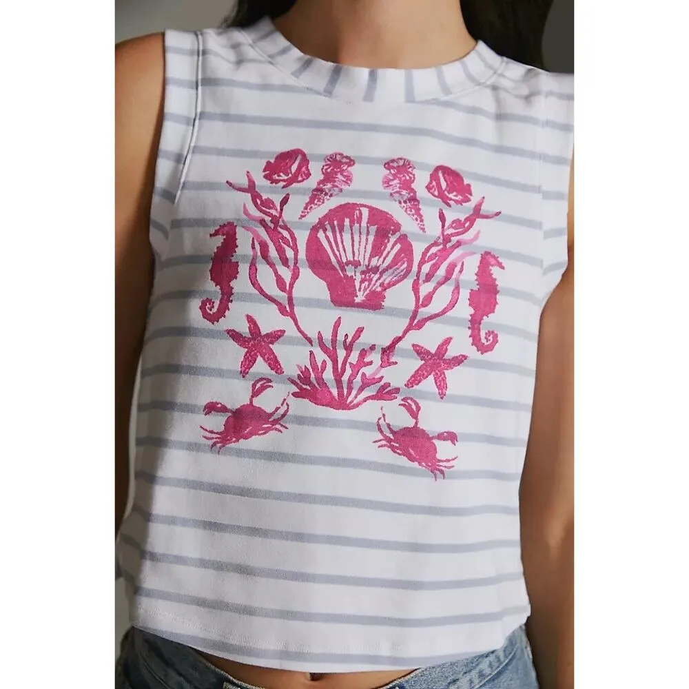 [Anthropologie] Maeve White Blue Striped Seashell Graphic Cropped Tank Top Sz XL - Image 2