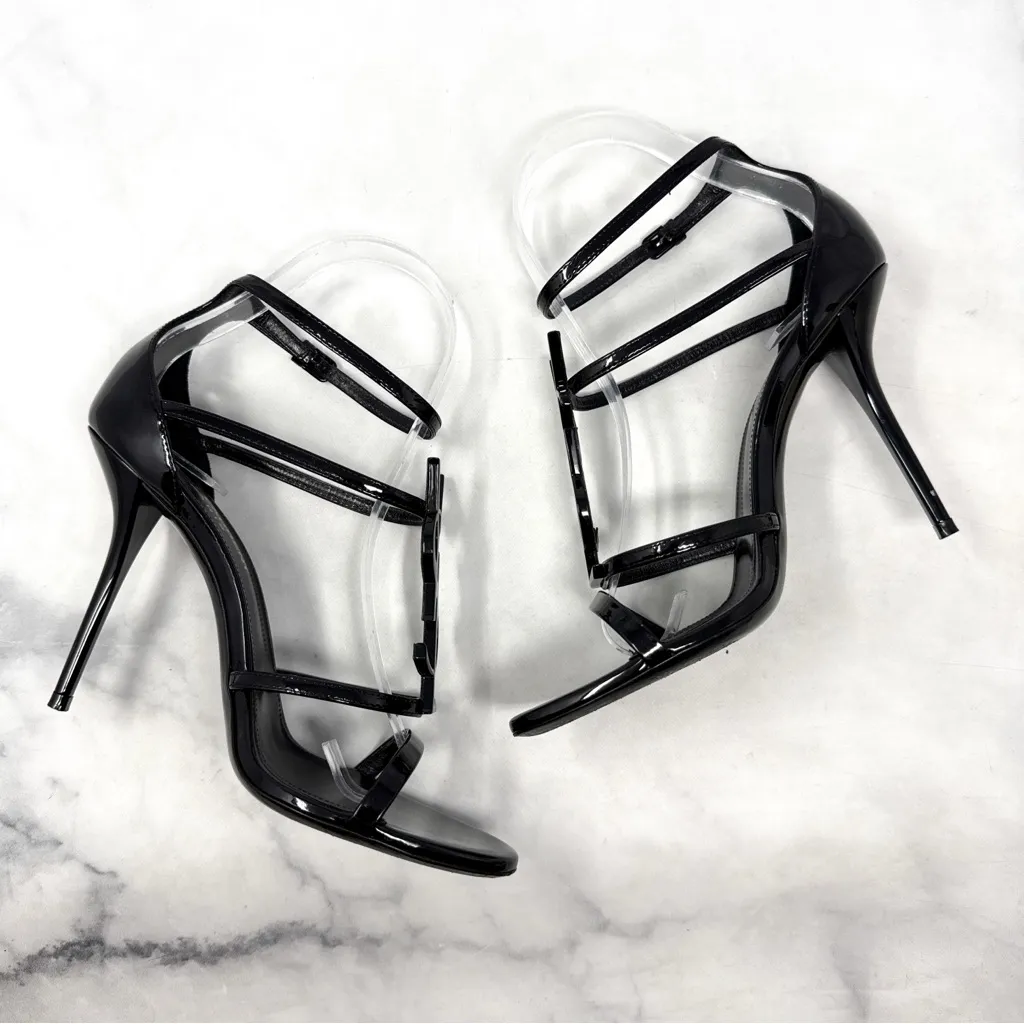 Saint Laurent YSL Cassandra Patent Leather Strappy Sandal Heel Designer Black 37 - Image 8