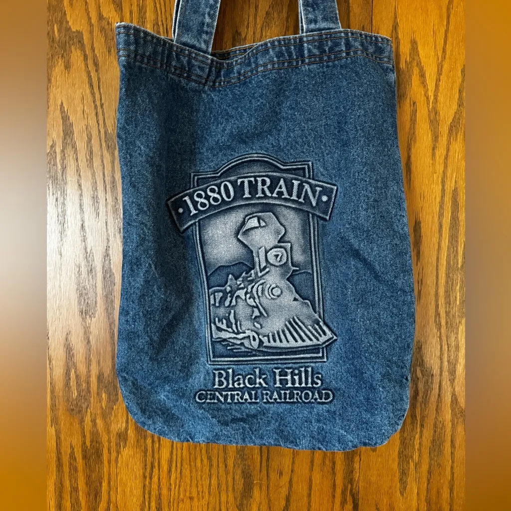 Vintage Made USA Denim Tote Bag Black Hills 1880‎ Train Raised Lettering CP Blue - Image 2