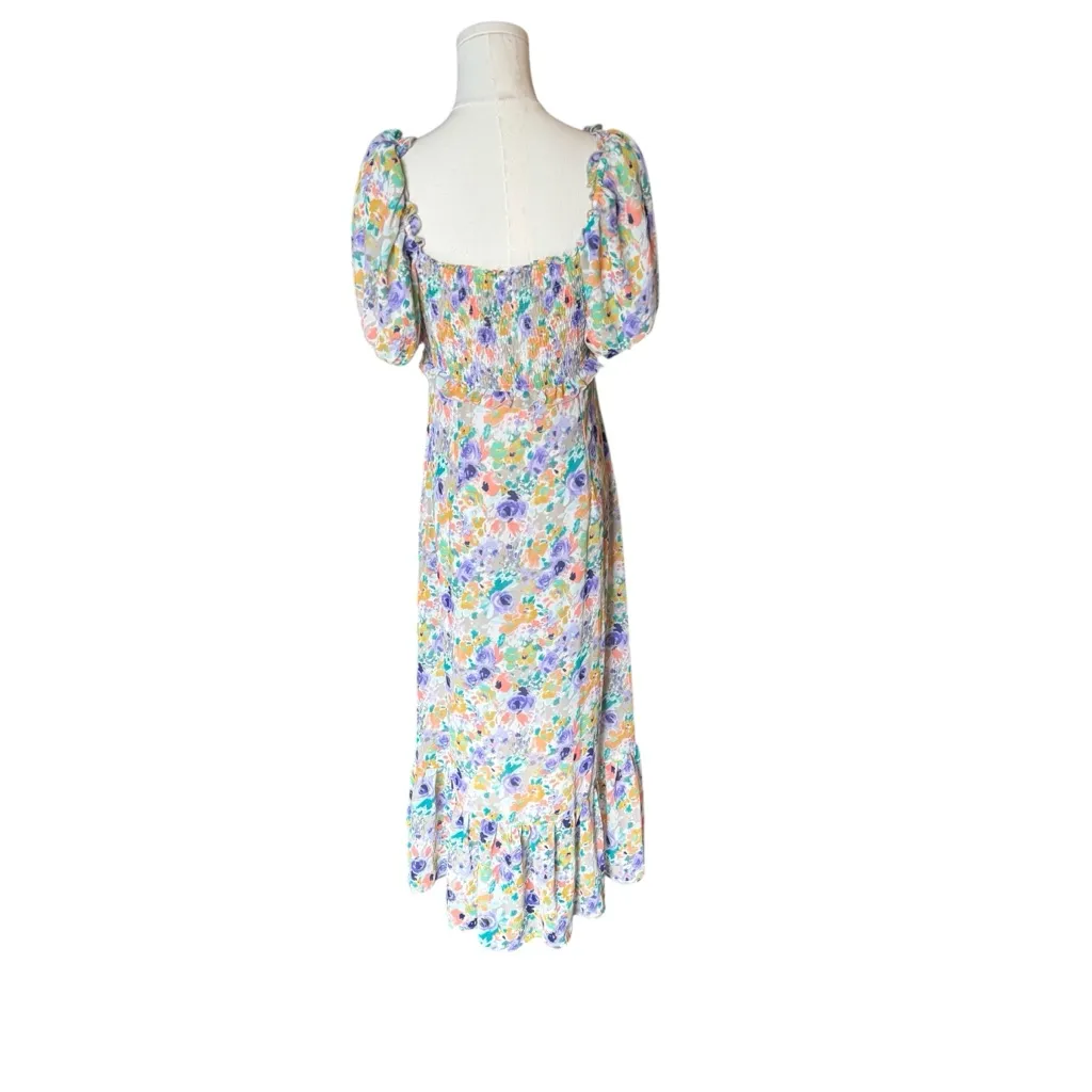 ASTR The Label -Gaia Dress Purple Gen Multi Floral Smocked Puff Sleeve Midi Sz M - Image 5