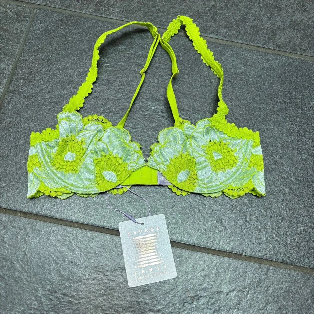 Savage X Fenty Perfect Poppies Unlined Lace Demi Bra 32B Green Blue Romantic Size undefined - Image 3