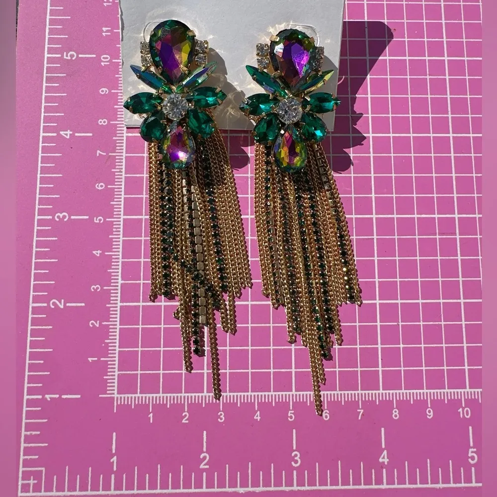 Noir earrings green crystals multi color reflective diamonds gold tone tassels - Image 3