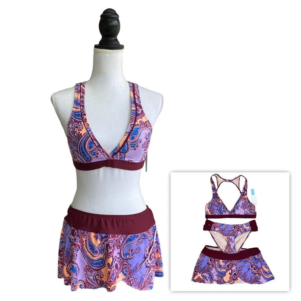 New Antonio Melani Bikini Womens S M Paisley 3 Piece Swimsuit Set Skirt Purple - Image 12