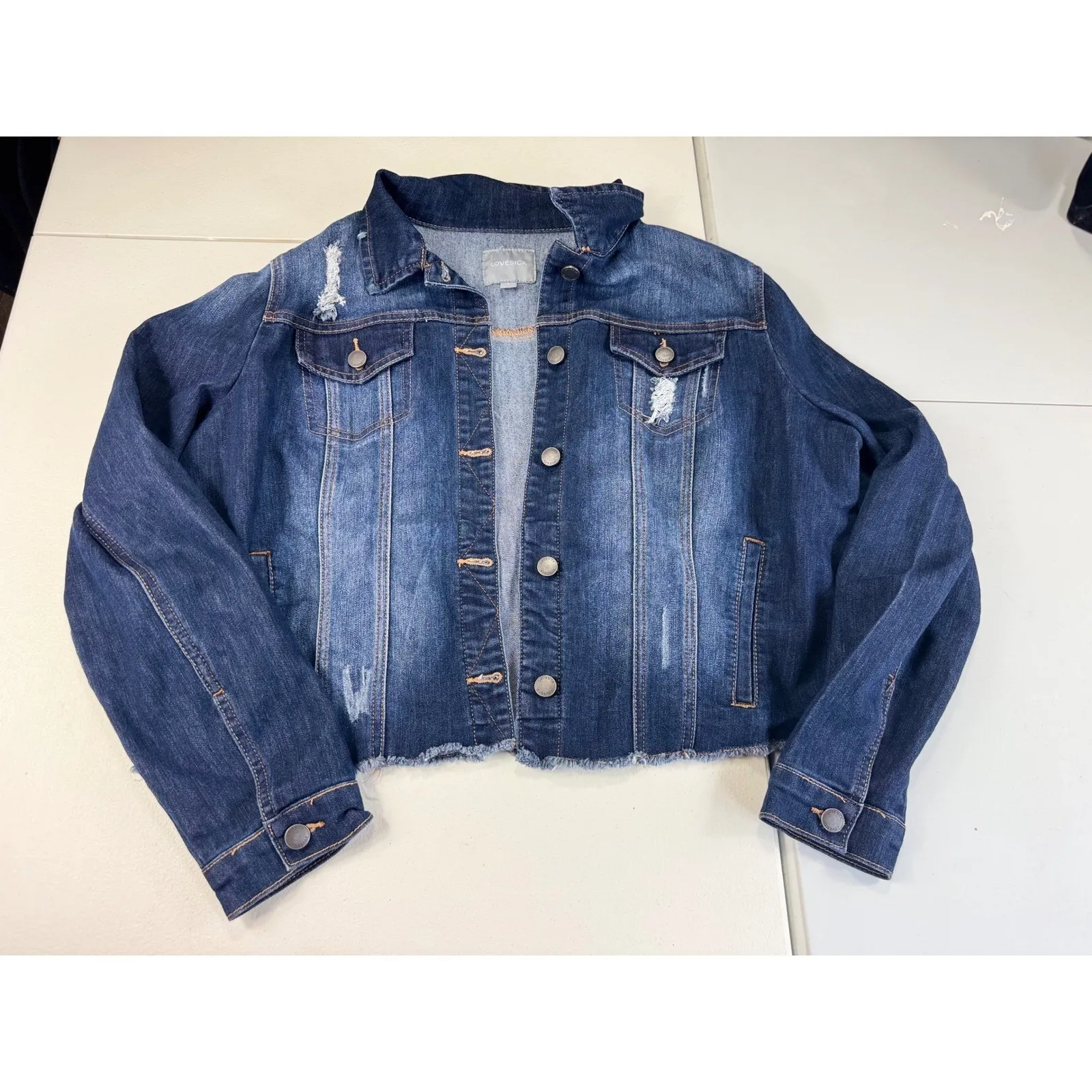 Lovesick Distressed Denim Jacket Cropped Blue Jean Jacket Raw Hem Juniors 1 Size 0 - Image 2