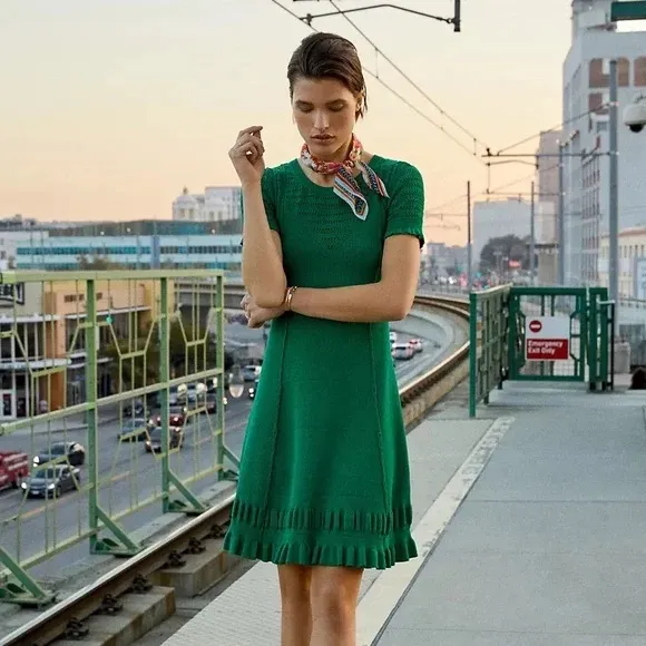 Anthropologie Maeve Promenade Pointelle Fit And Flare Green Knit Dress - Image 6