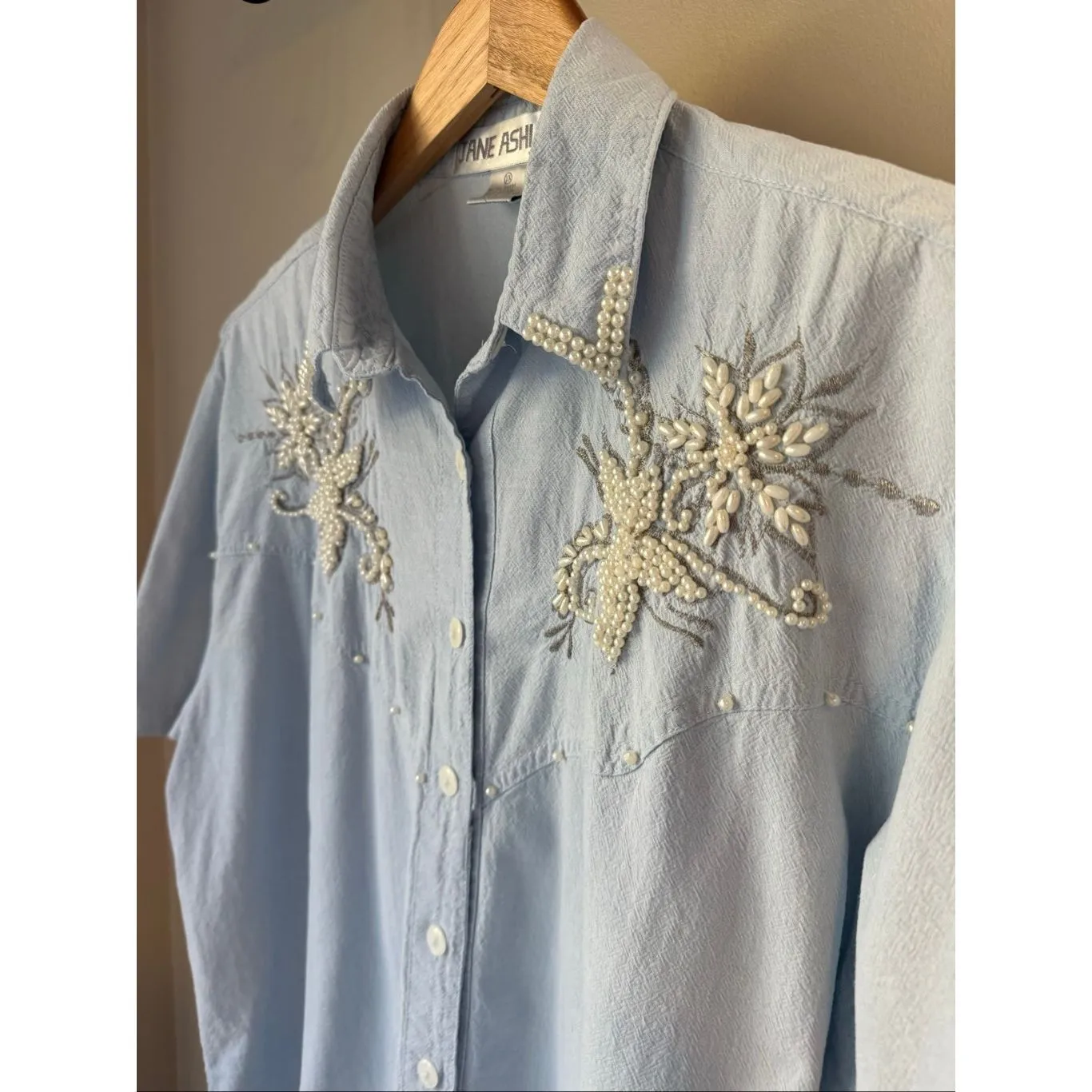 Vintage 80’s Jane Ashley light blue beaded and embroidered button-down shirt - Image 3