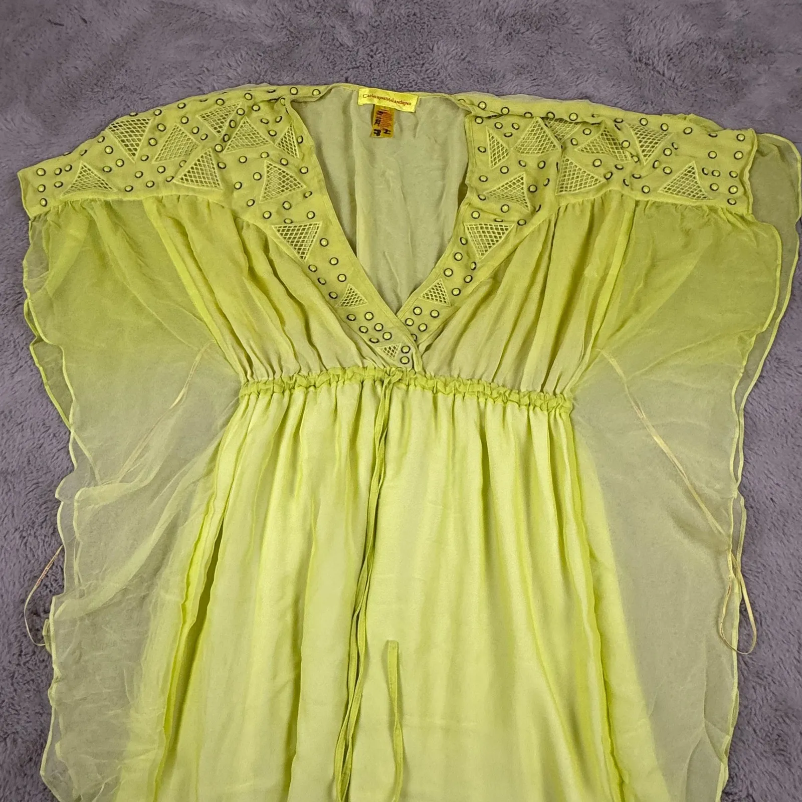 Catherine Malandrino kimono Maxi Dress Sheer Silk Yellow Drawstring L Fairy Y2K - Image 2