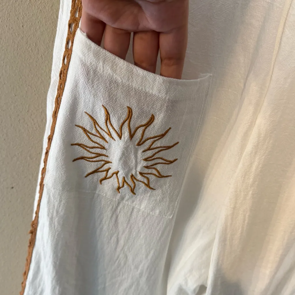 Poeselle Size S Wide Leg Loose Beach Pants White Brown Embroidered Sun Vacation - Image 4