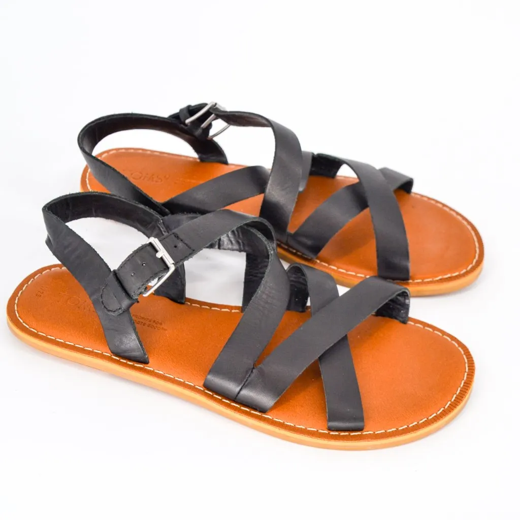 Toms Sicily Flat Sandals Black Leather 7.5 Comfort Strappy Buckle Criss Cross - Image 3