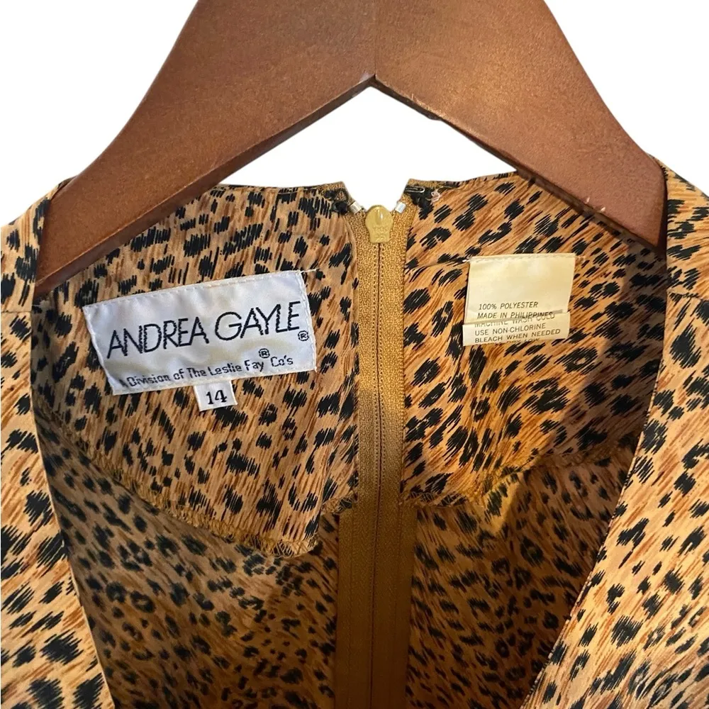 Vintage Plus Size 80s 90s Leopard Print Midi Dress Shoulder Pads Capped Sleeve Black - Image 6