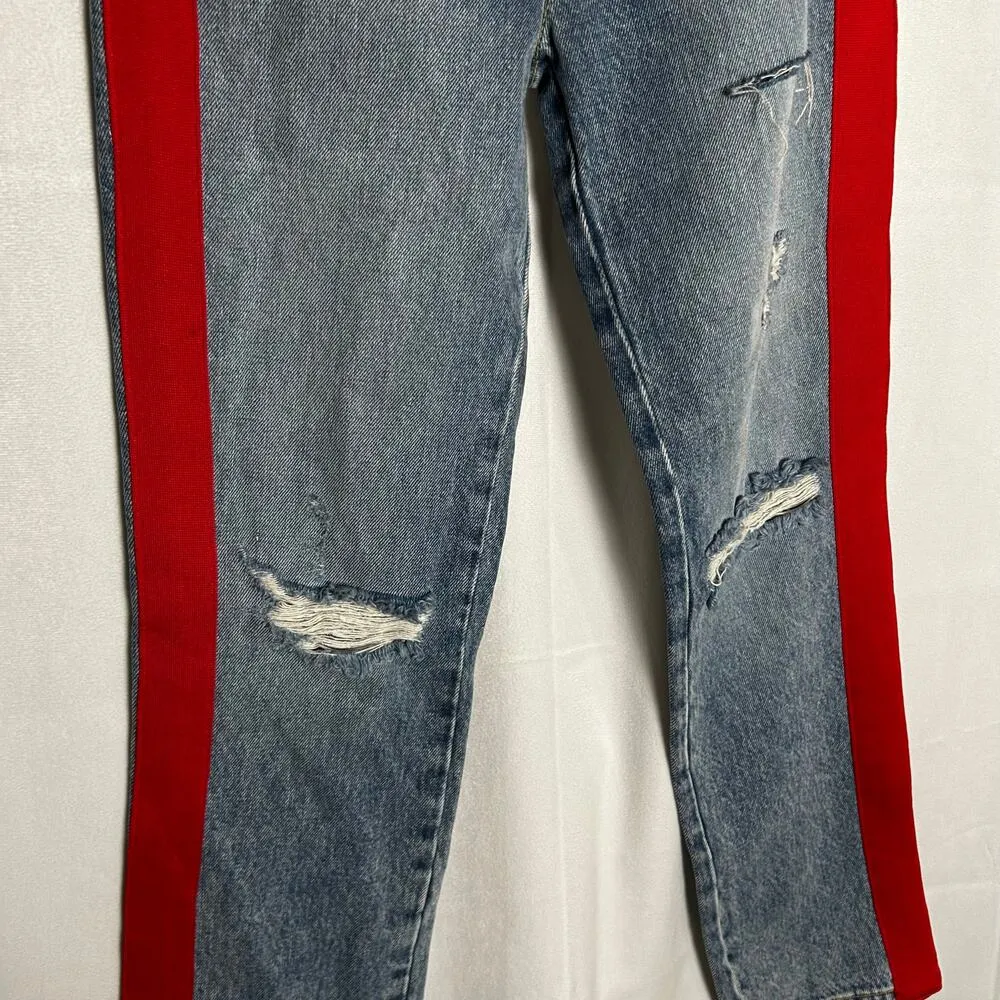 Carmen Straight Thrashed Distressed High Rise Red Tuxedo Stripe Denim Blue Jeans Size 23 - Image 5