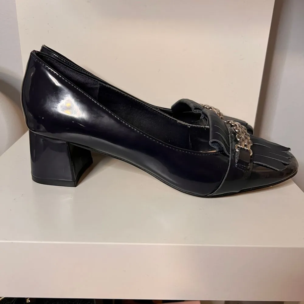 Navy Blue Patent‎ Leather Block Heel Loafers with Chain Detail & Fringe - Image 3