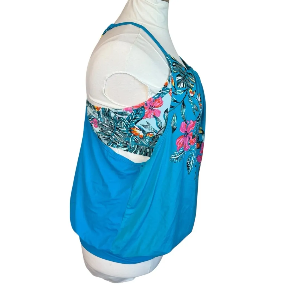 Swim by‎ Cacique Womens Plus Size 22 Tankini Top Teal Blue Tropical Floral Beach - Image 4