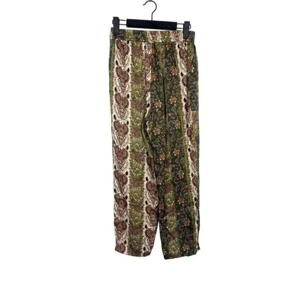 ZARA Paisley Ankle Trouser Satin Pant Tie Front Pockets Straight XS Green Multi - Image 15