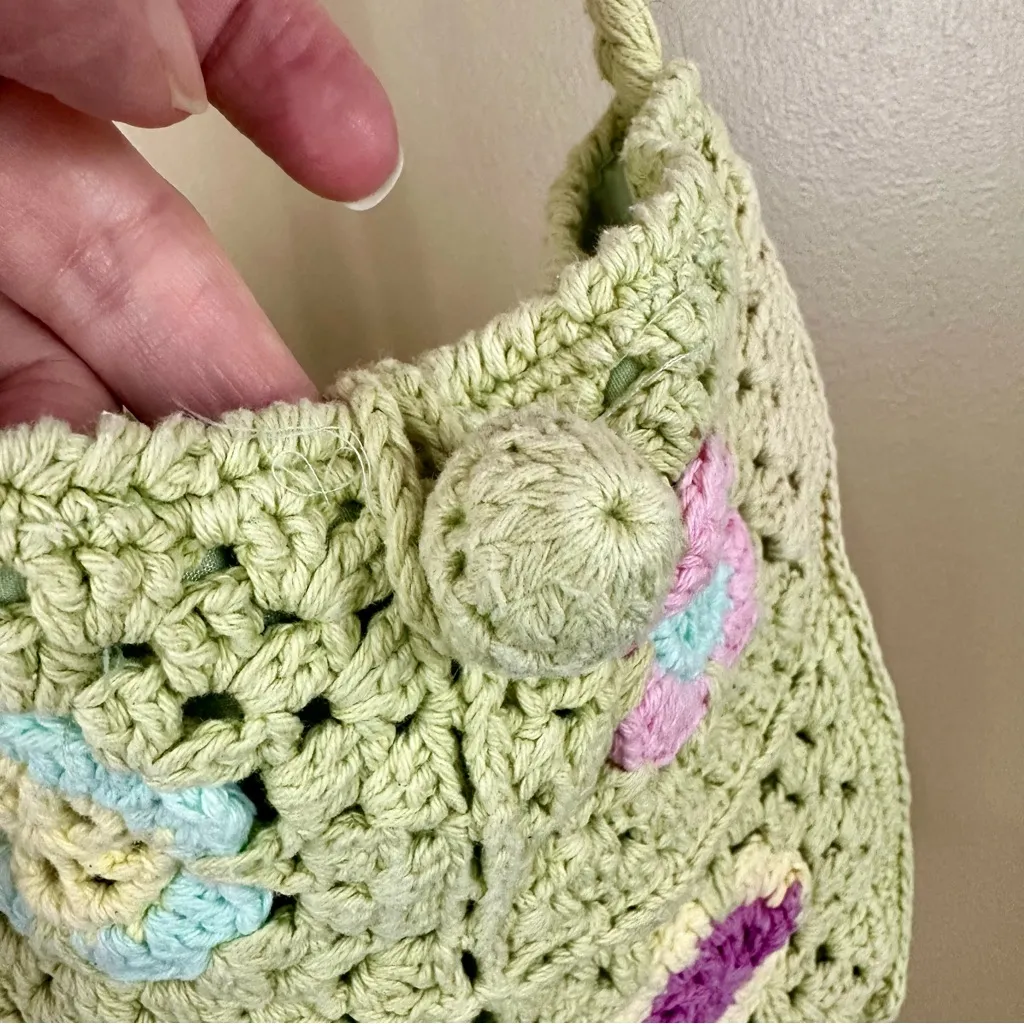 Crochet Floral Granny Squares Crossbody Bag Purse Boho Y2K Vintage Green - Image 3