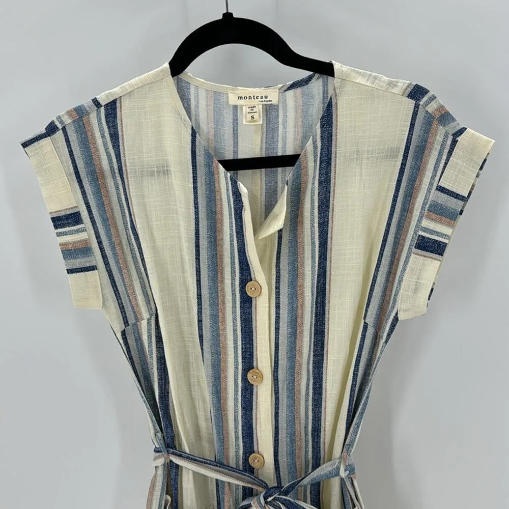 Monteau Off White and Blue Striped Linen Jumpsuit nautical beach summer size S - Image 3
