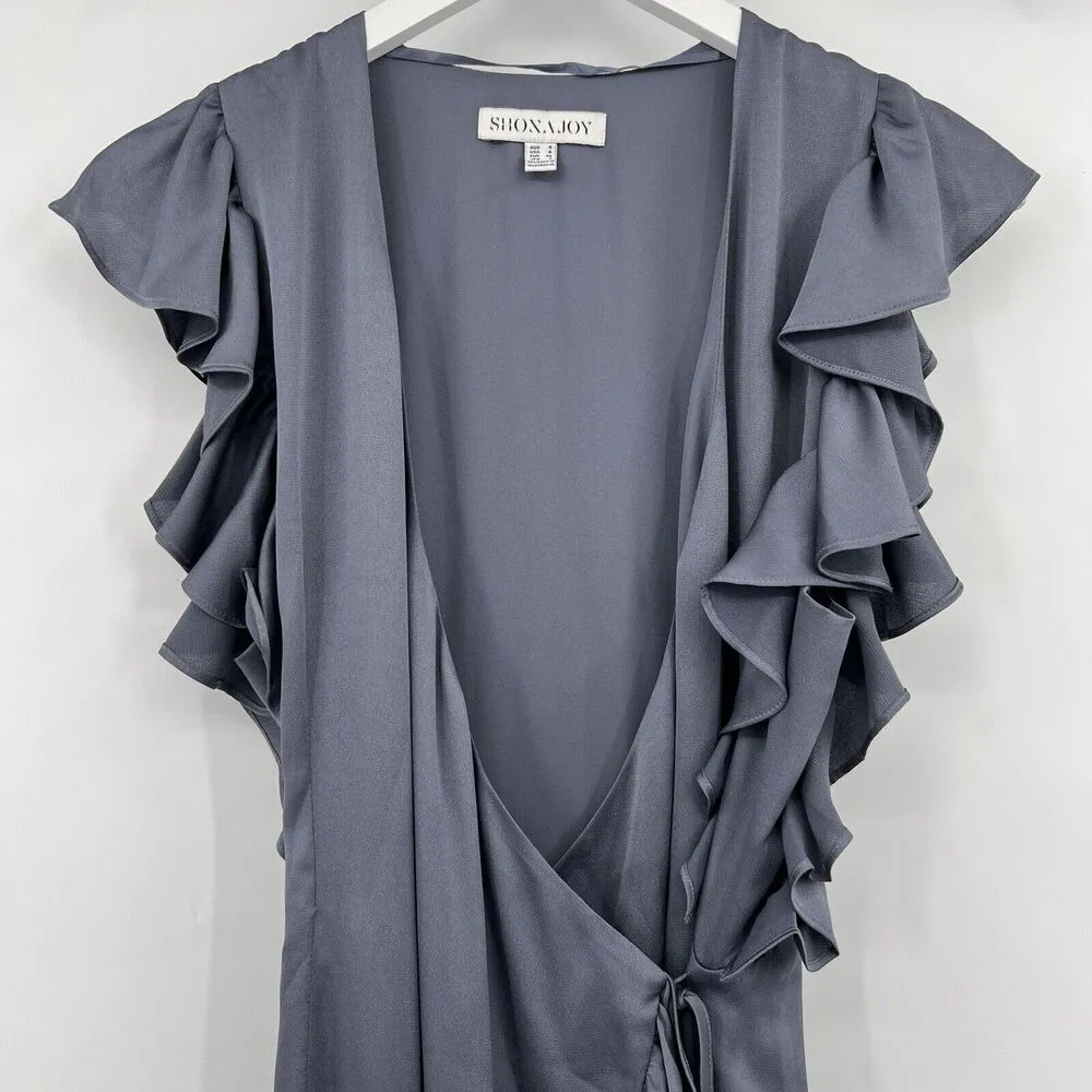 Shona Joy Zephyr Luxe Ruffle Wrap Midi Dress Slate Gray Cap Sleeves Hi-Lo Size 4 - Image 5