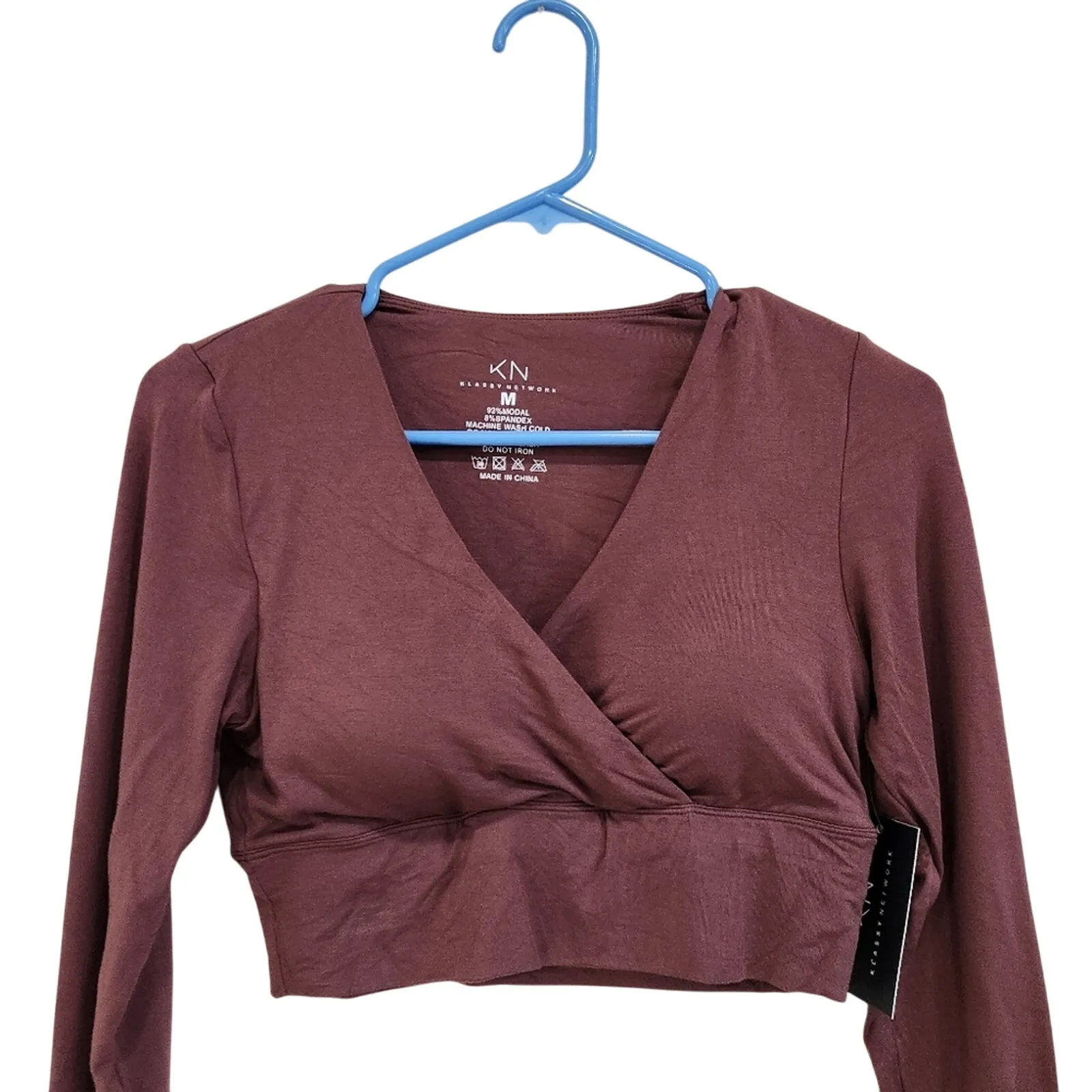 Klassy Network Surplice Long Sleeve Wrap Top Brown Built in Bra Basics Brami M - Image 2