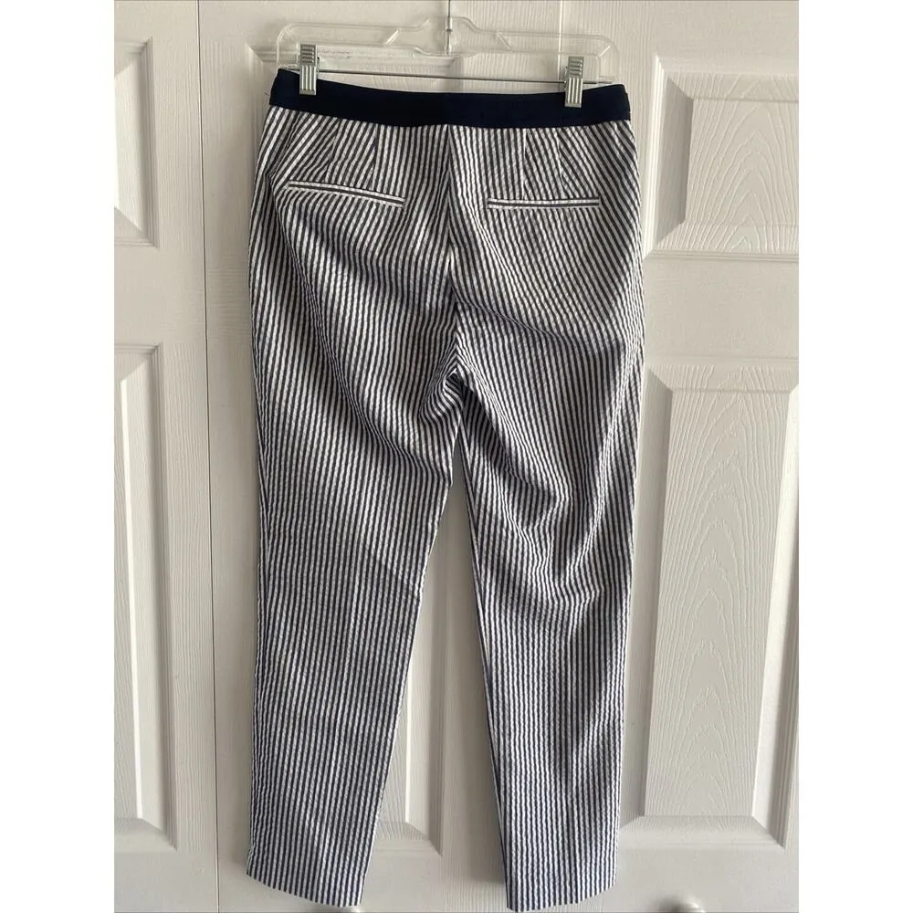 Zara Women's Medium Navy‎ Striped Seersucker Straight Leg Pants Coastal Nautical - Image 4