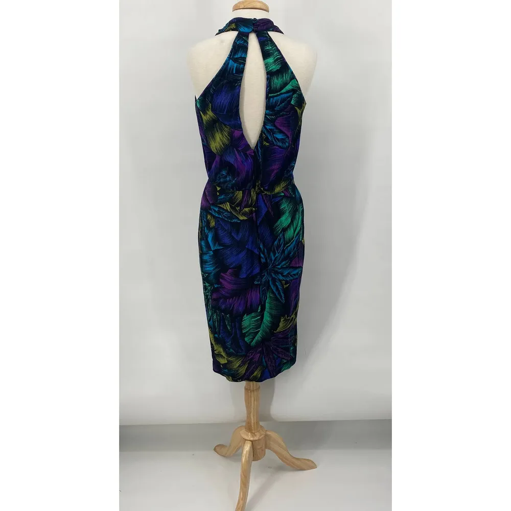 Vintage Dawn Joy Dress Surplice Pleating Tropical Print Indigo Cover Up Womens 8 - Image 8