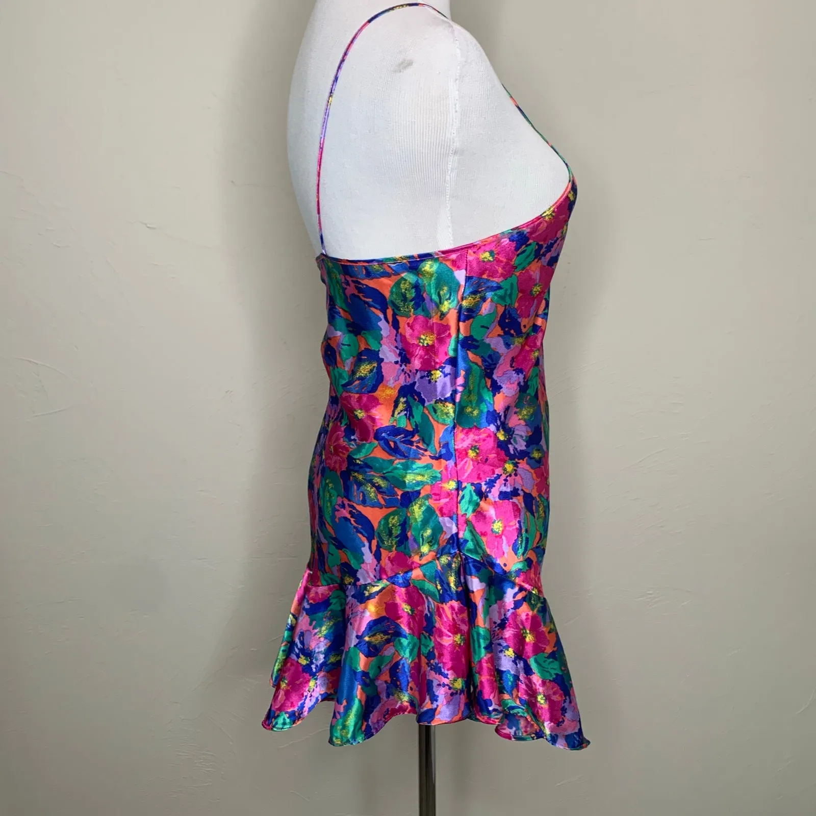 Vintage Y2k Bright Satin Floral Chemise Flounce Hem Sz Medium Pink - Image 4