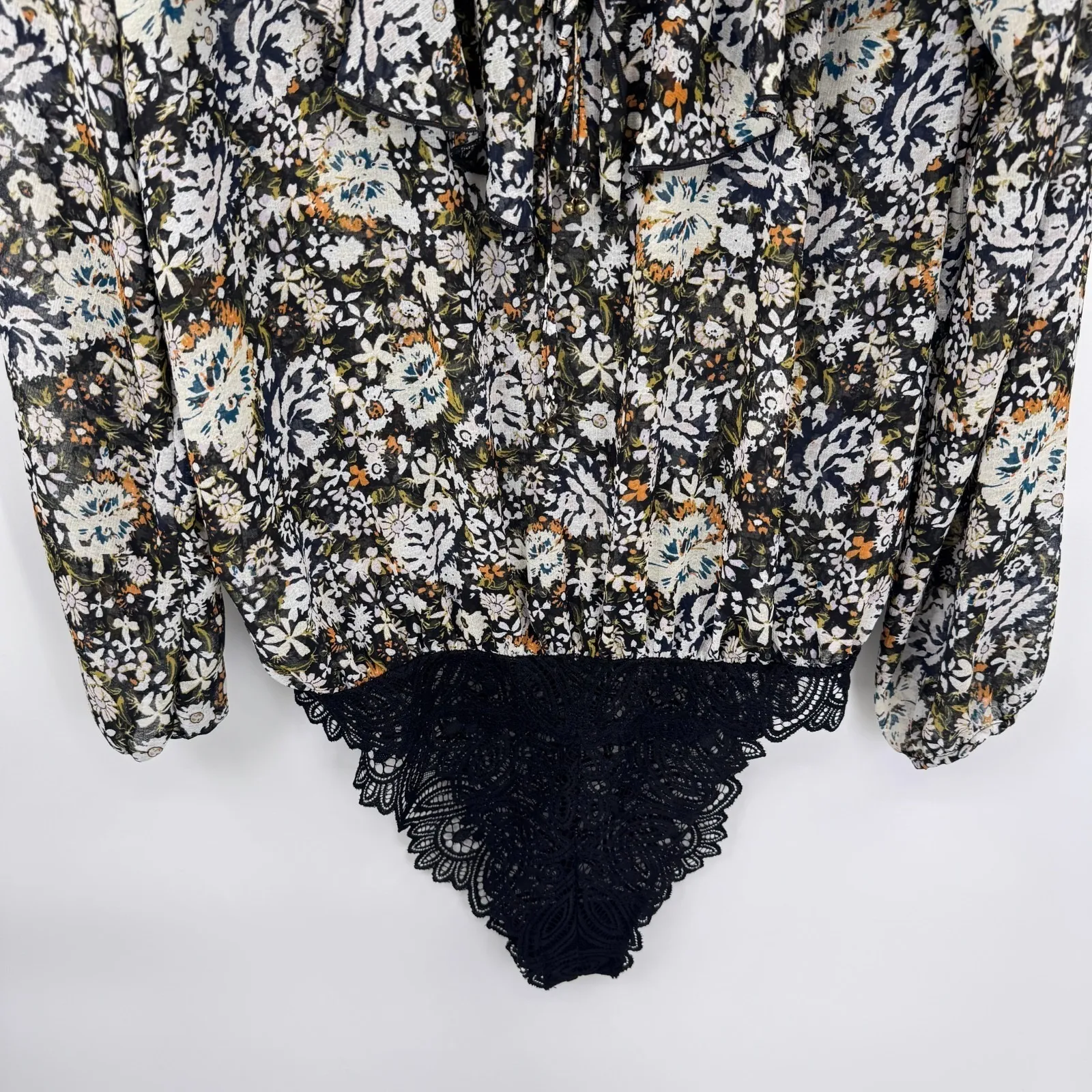 Intimately Free People Bodysuit Medium Black Floral Lace Ruffle Whimsigoth Bells - Image 3