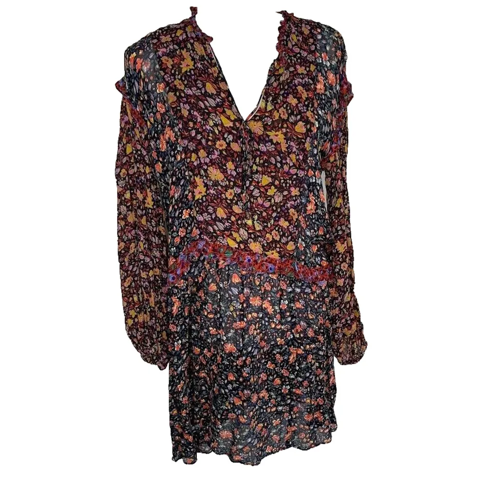 Anthropologie Helene Floral Ruffle Trim Boho Tunic Dress Size Small Oversized - Image 2