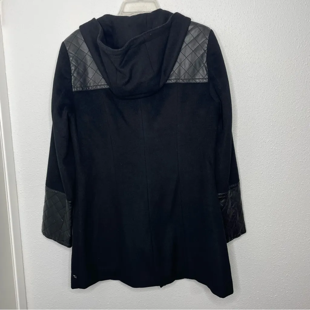 Calvin Klein Black Wool Blend Trench Coat with Leather Trim Accents size L - Image 7