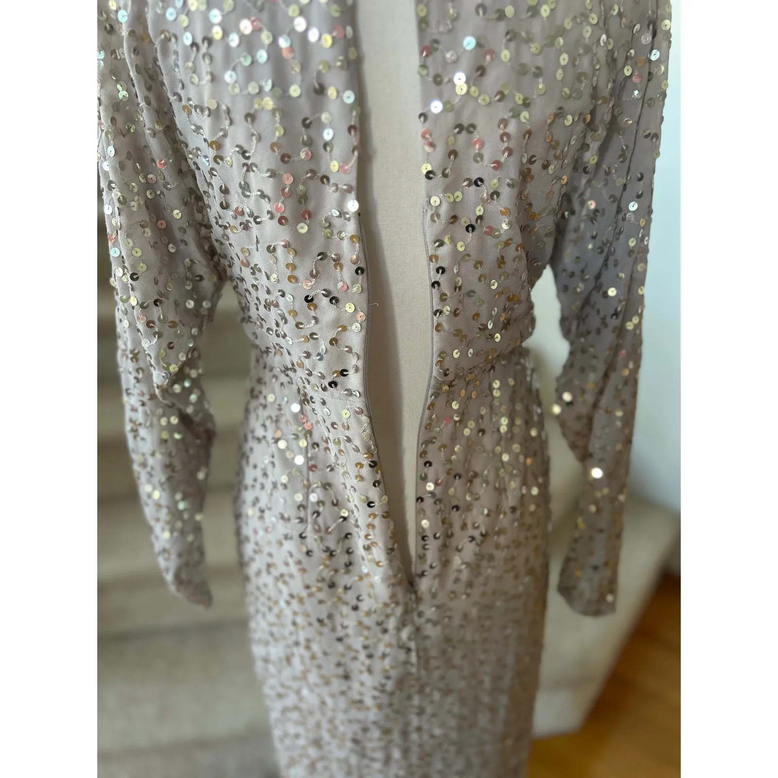 ASOS Taupe Grey Sequin Long Sleeve V-Neck Wrap Tie Sheath Midi Party Dress - Image 5