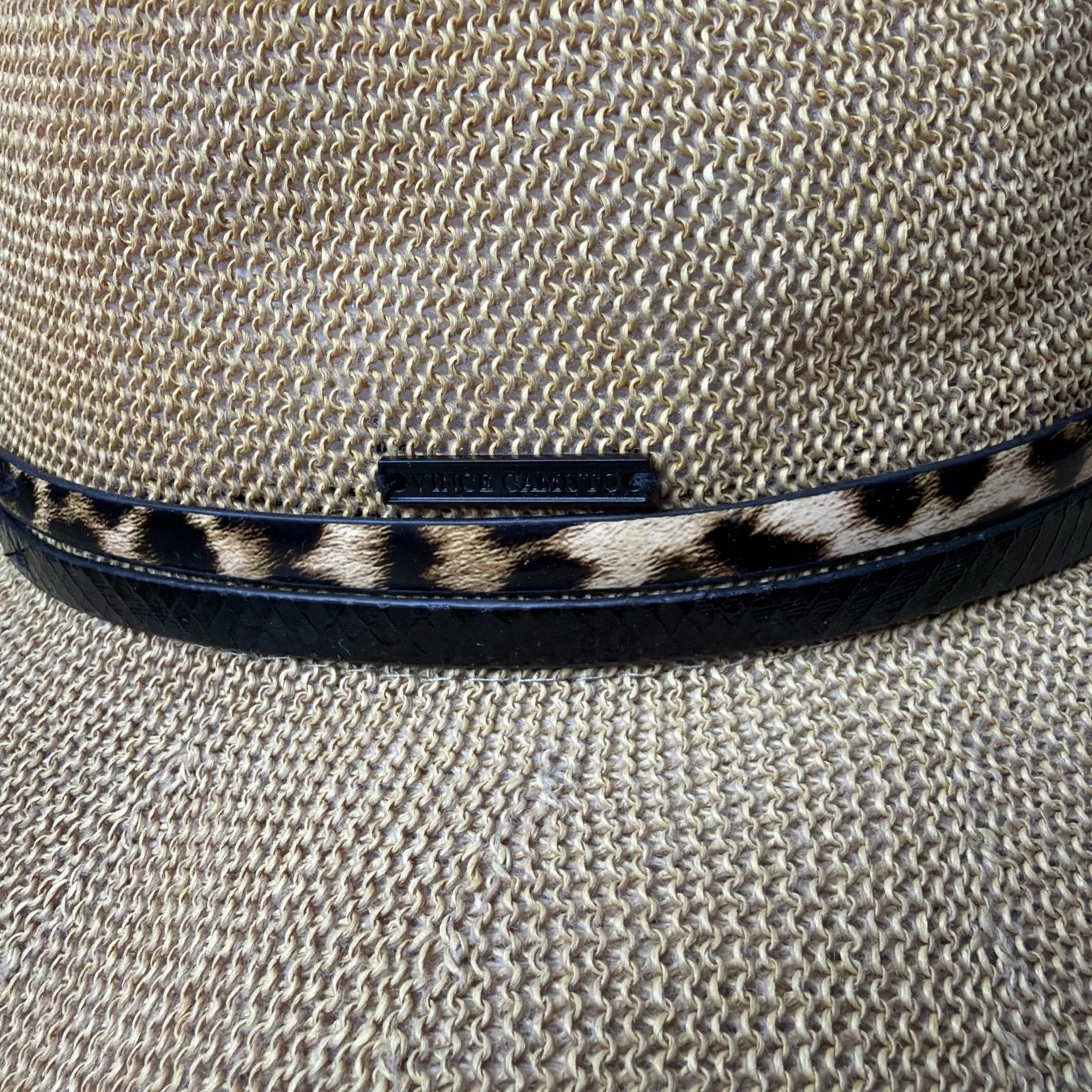 Vince Camuto Straw Fedora Hat Leopard Print Band Beach Resort Vacation Glam Chic - Image 2