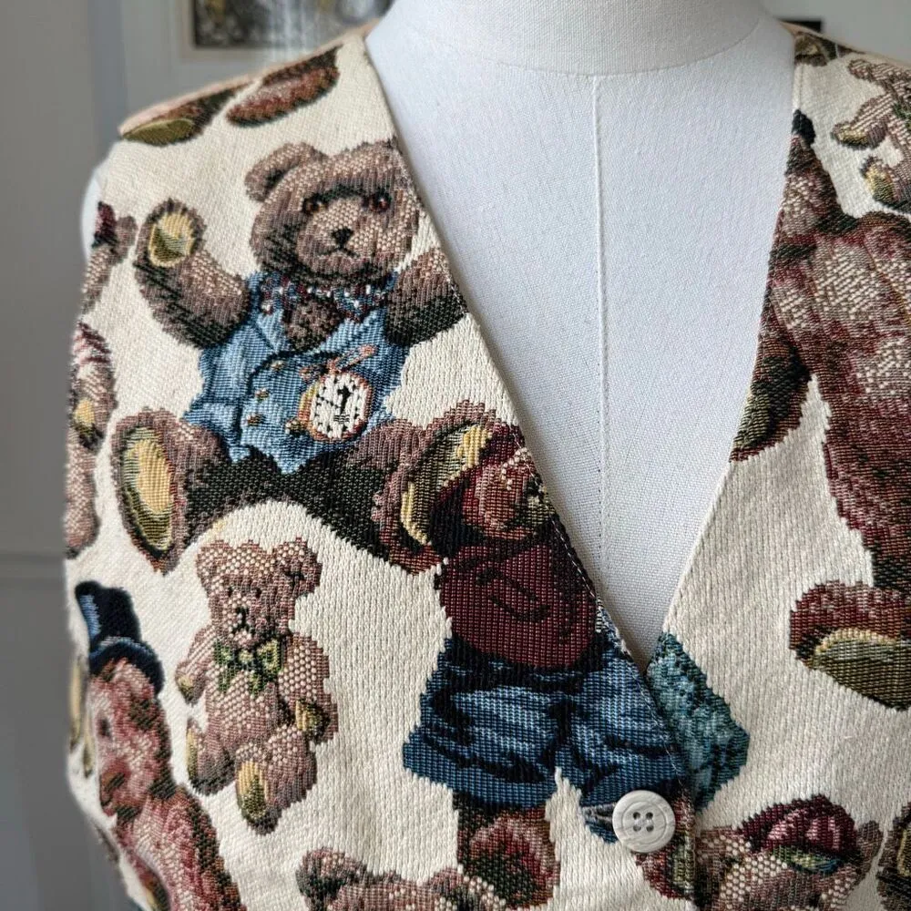 Vintage 90s Northern Traditions Teddy Bear Tapestry Vest XL Tan - Image 3