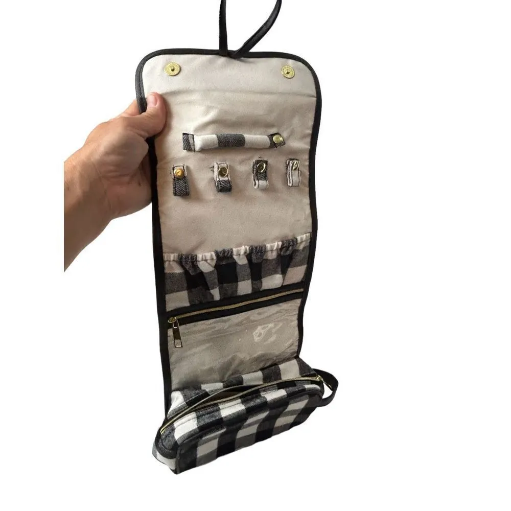 Buffalo plaid fold up travel makeup and jewelry case hanging travel pouch Black - Image 4