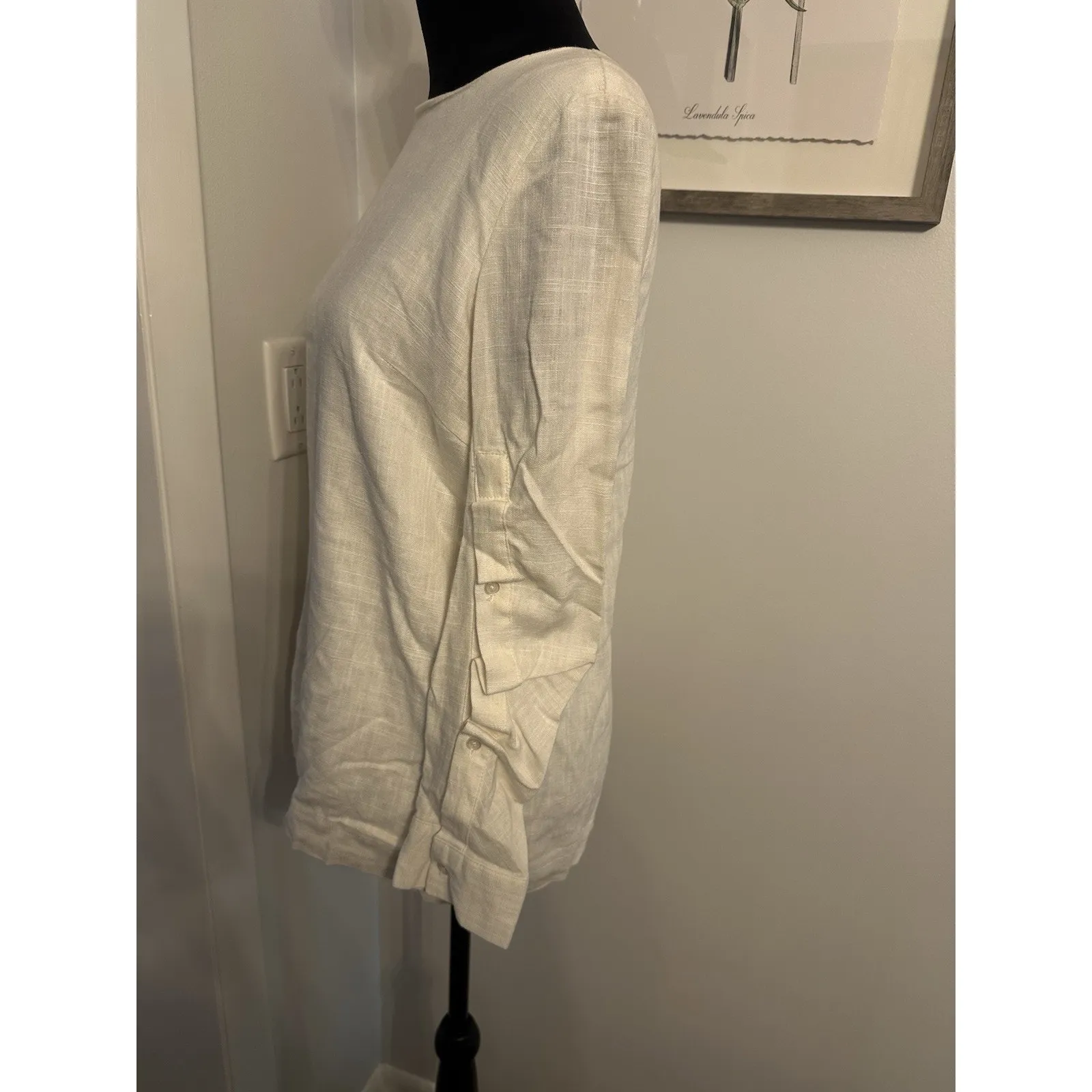 Lena Gabrielle Ruched Sleeve Linen Blend Blouse White Size Small - Image 3