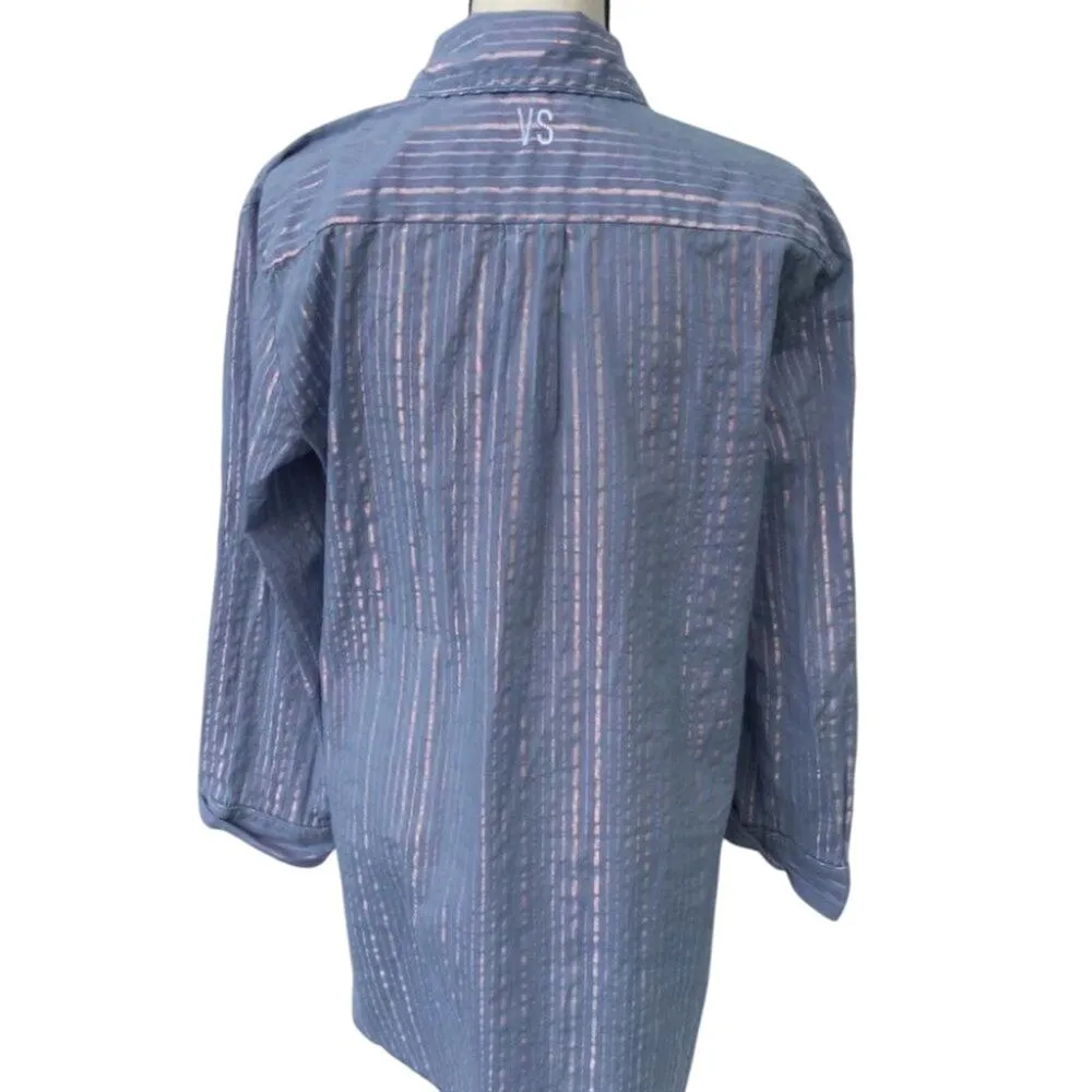 Victoria Secret Blue Iridescent Bed Shirt Long Size Medium M Striped Stripes - Image 6
