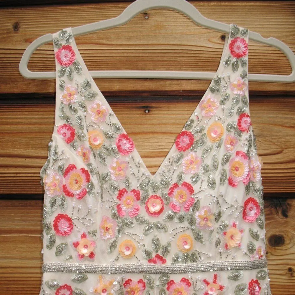 Mac Duggal 5527 Cream V-Neck Sleeveless Midi Floral Beaded A-line Dress $598 - Image 10