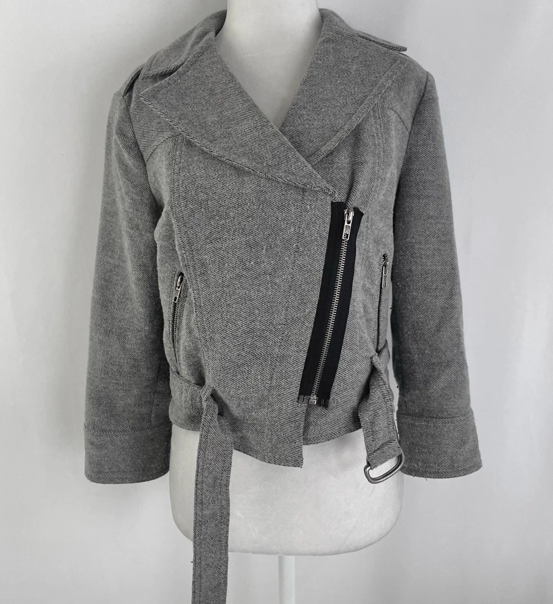 Topshop Wool Blend Asymmetric Zip Front Belted Biker Moto Jacket Grey Size 6 - Image 12