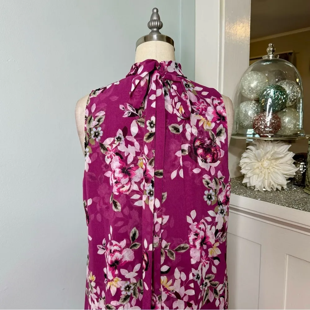 White House Black Market Purple Floral Tie Neck Chiffon Choker Shift Dress 10 - Image 8